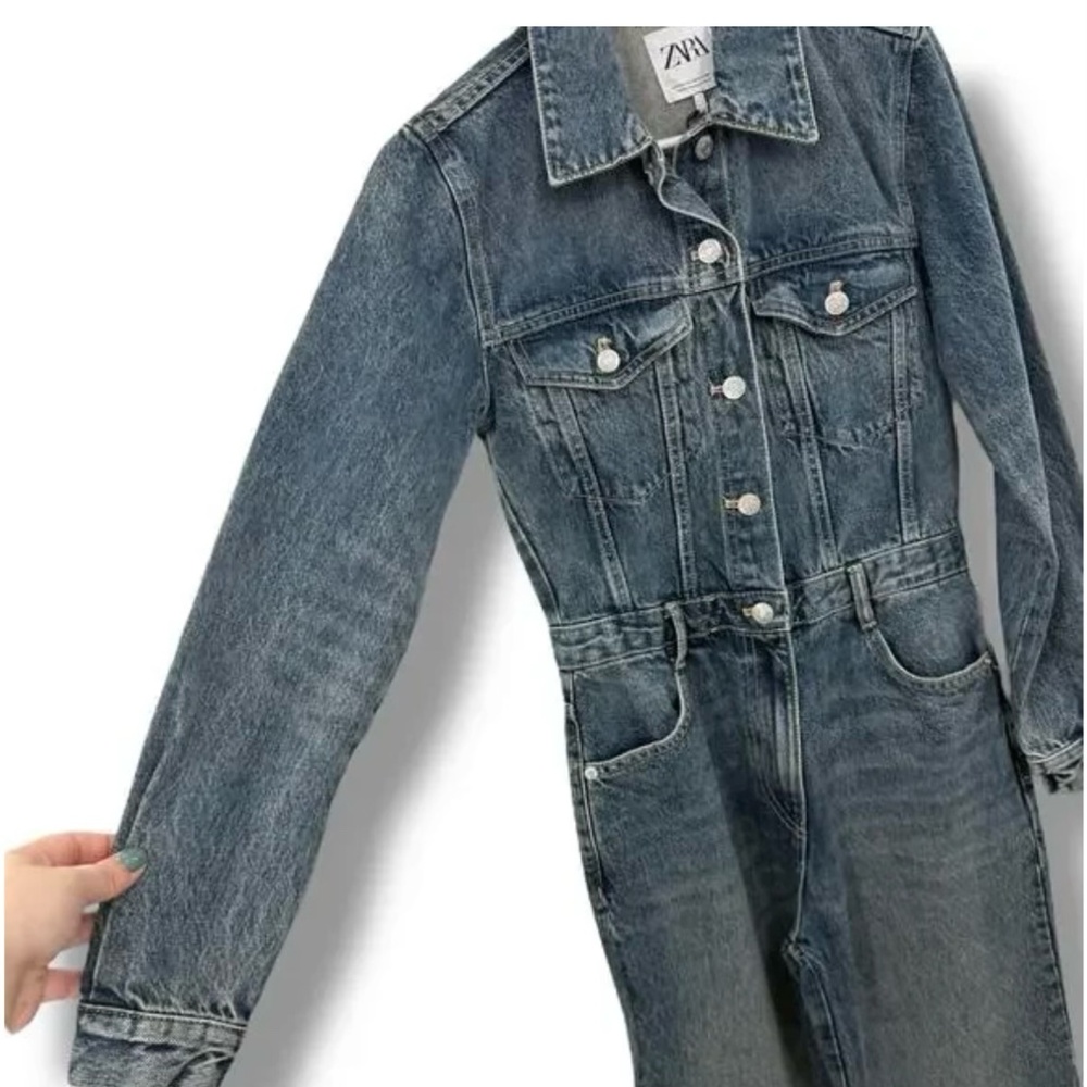 NEW Zara Jean Jumpsuit Size XS Cotton Blue Denim One Piece Outfit Boiler Suit - Picture 4 of 12